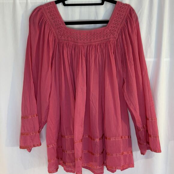 Vermont Country Store Boho Peasant Top Crinkle Cotton Deep Pink Cotton MEDIUM - Picture 7 of 9